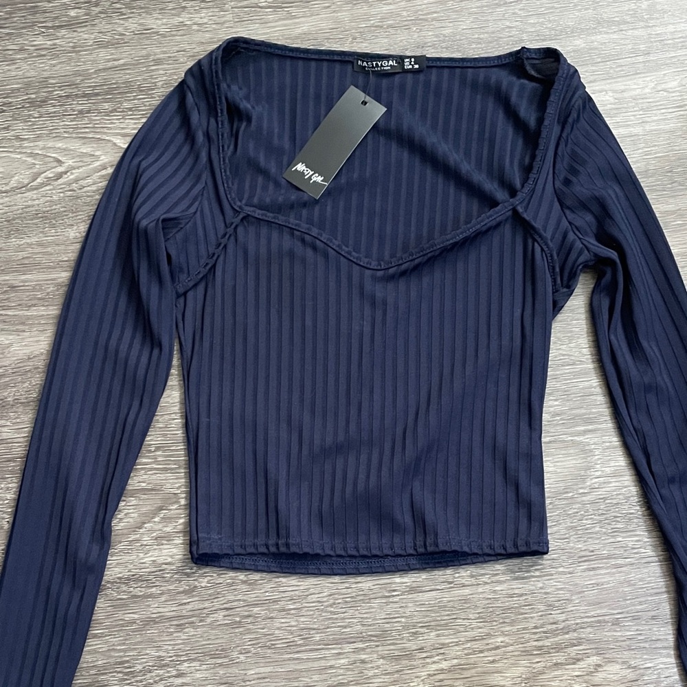 Nasty Gal Midnight Blue Ribbed Blouse
